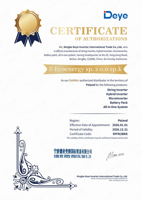 Z-ecoenergy sp. z o.o. sp.k jest autoryzowanym dystrybutorem DEYE Inverter