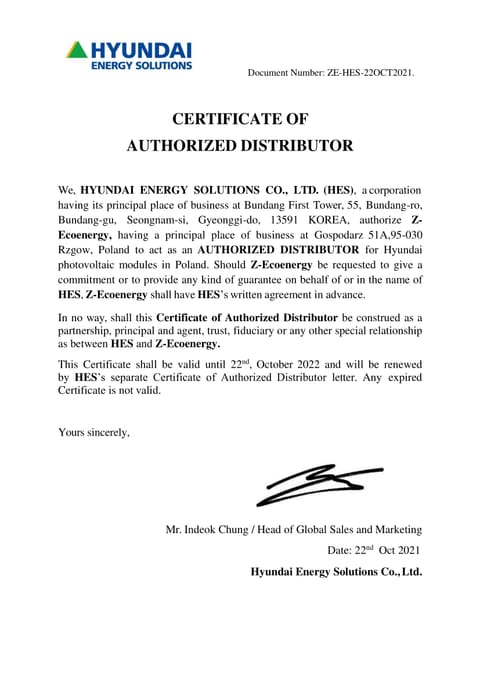 Z-ecoenergy sp. z o.o. sp.k jest autoryzowanym dystrybutorem HYUNDAI Energy Solutions....