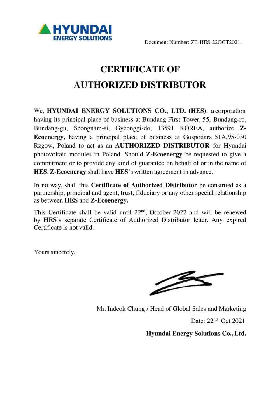 Z-ecoenergy sp. z o.o. sp.k jest autoryzowanym dystrybutorem HYUNDAI Energy Solutions....
