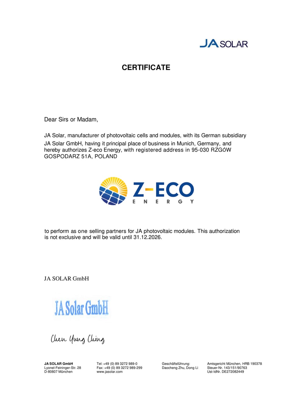 Z-ecoenergy sp. z o.o. sp.k jest autoryzowanym dystrybutorem JA solar