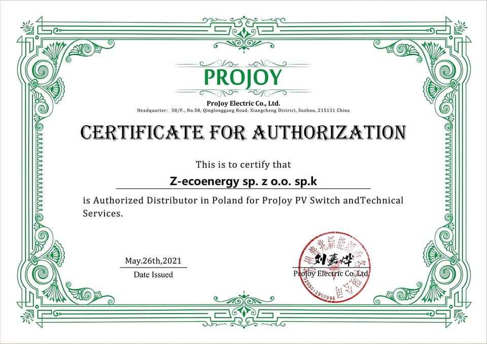Z-ecoenergy sp. z o.o. sp.k jest autoryzowanym dystrybutorem PROJOY